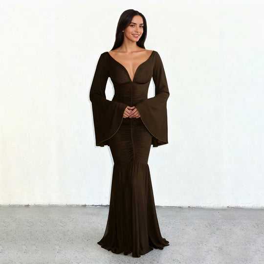 Damen nan gerafftes Maxikleid mit V-Ausschnitt, Trompetenärmeln und Stufenrüsche Shop Nory