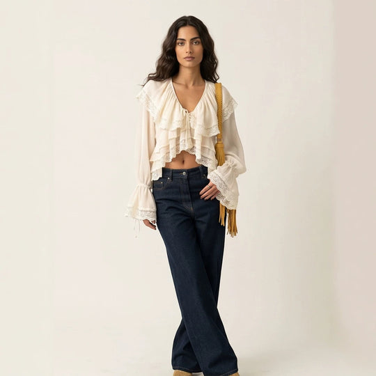Damen Geraffte Spitzen‑Croptop‑Bluse mit Volants und V‑Ausschnitt Shop Nory