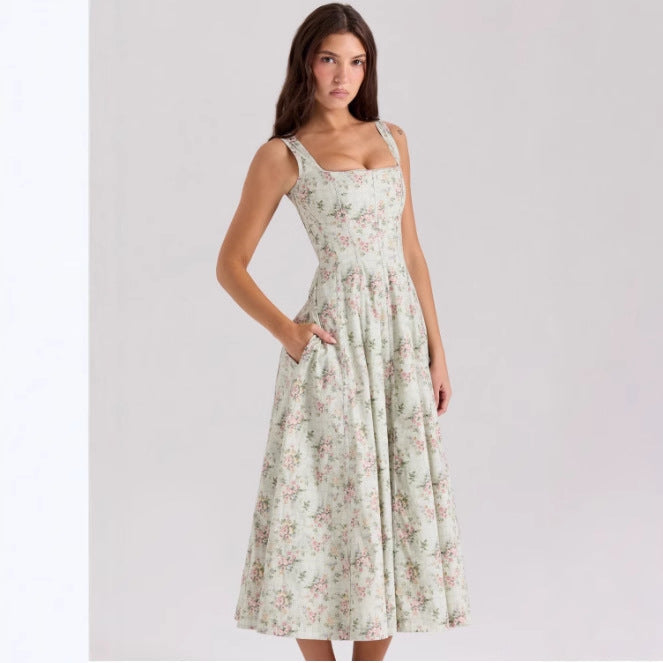 Damen Floral Maxikleid mit schmalen Trägern und seitlichen Taschen Shopnory