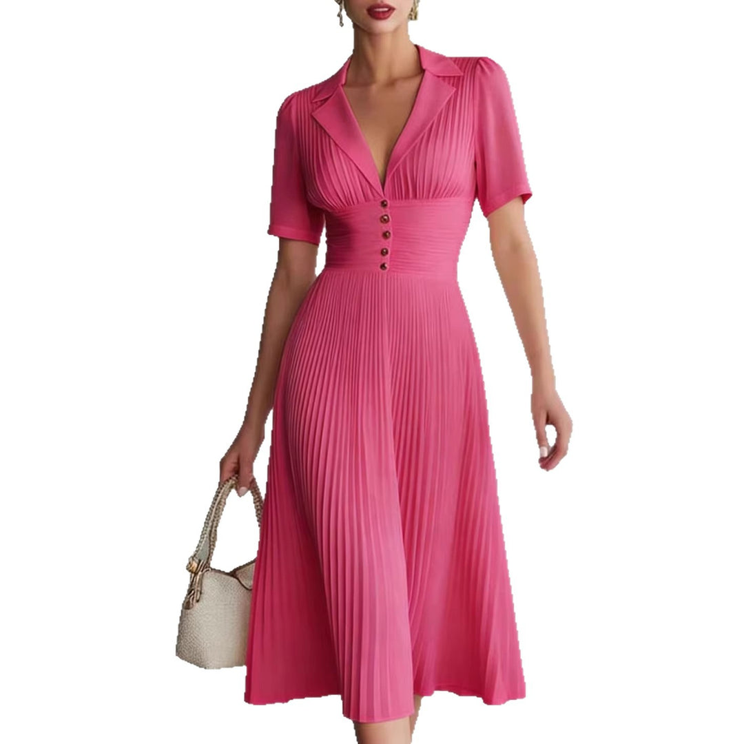 Damen Plissiertes Midikleid mit Reverskragen, tailliertem Raffung-Bund und Zierknöpfen Shop Nory