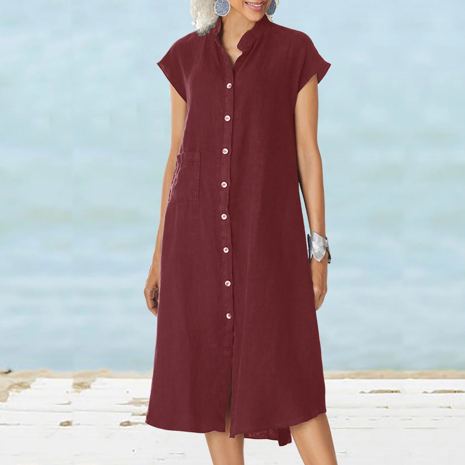 Damen lässiges Midi-Hemdkleid aus Leinen mit Knopfleiste und seitlichen Taschen