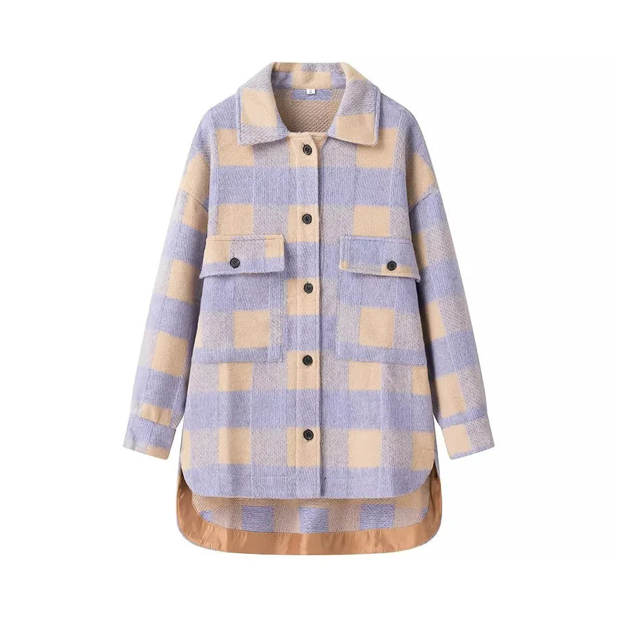 Damen Oversize-Karo-Shacket mit aufgesetzten Brusttaschen und runder Saumlinie Shop Nory