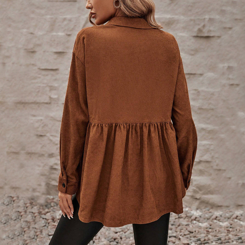 Damen Cord-Peplum-Bluse mit Hemdkragen aufgesetzten Brusttaschen und durchgehender Knopfleiste Shop Nory
