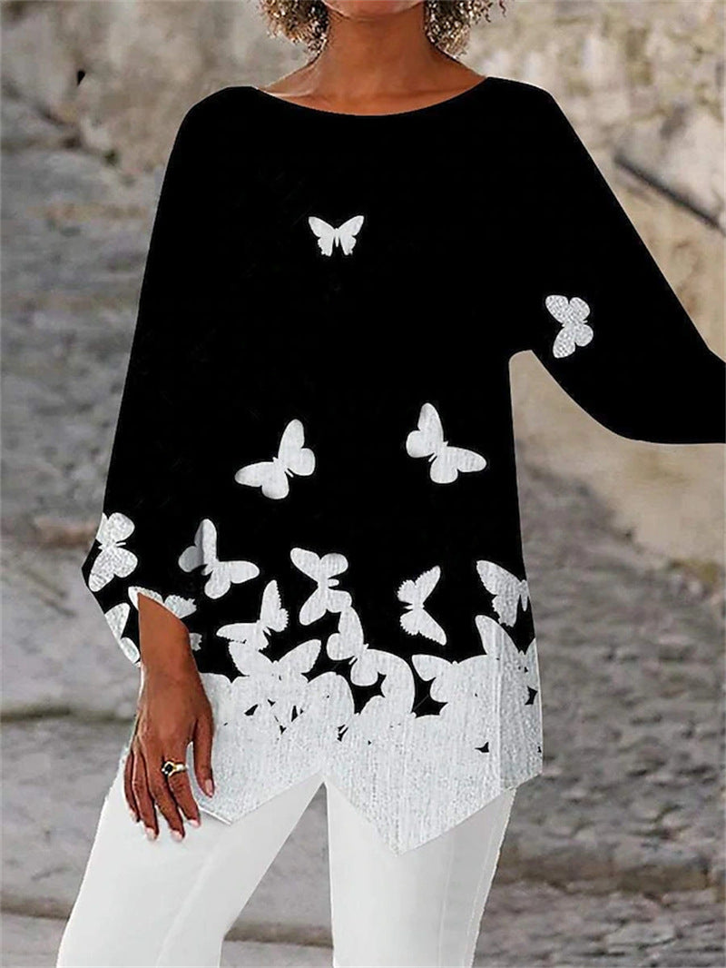 Damen asymmetrisches A-Linien-Tunika mit ornamentalem Druck und spitzem Saum Shop Nory