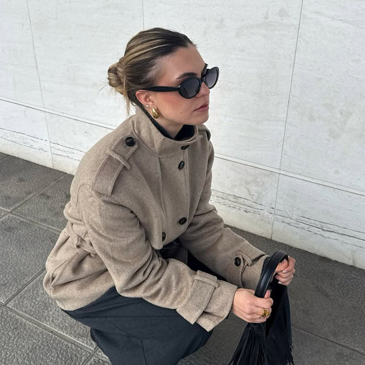 Damen Kurz-Mantel im Trench-Stil mit Bindegürtel und Stehkragen Shop Nory