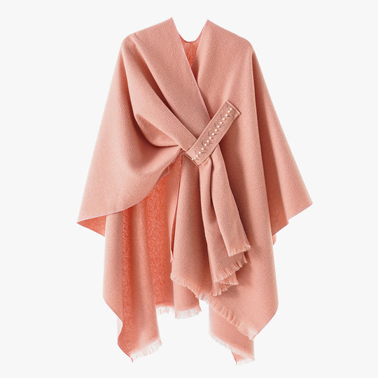 Damen Eleganter Wickel-Umhang aus Wollmischung mit Taillenschärpe und Fransensaum Shop Nory