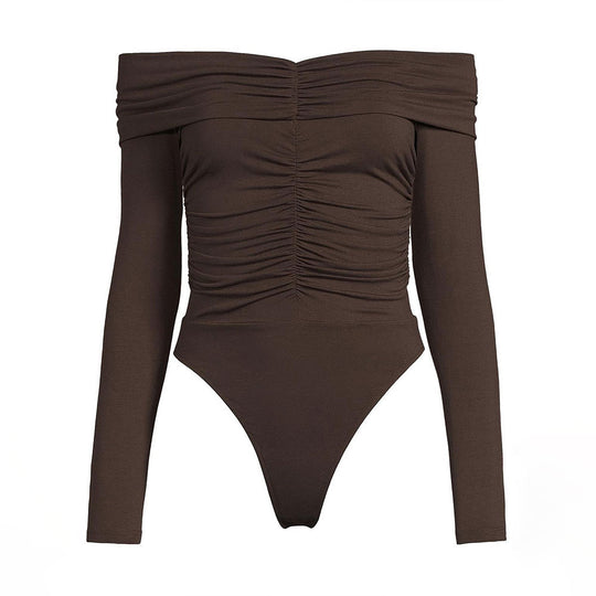 Damen gerafftes Off-Shoulder Langarmtop mit Wasserfallkragen und taillierender Sculpting-Passform Shop Nory