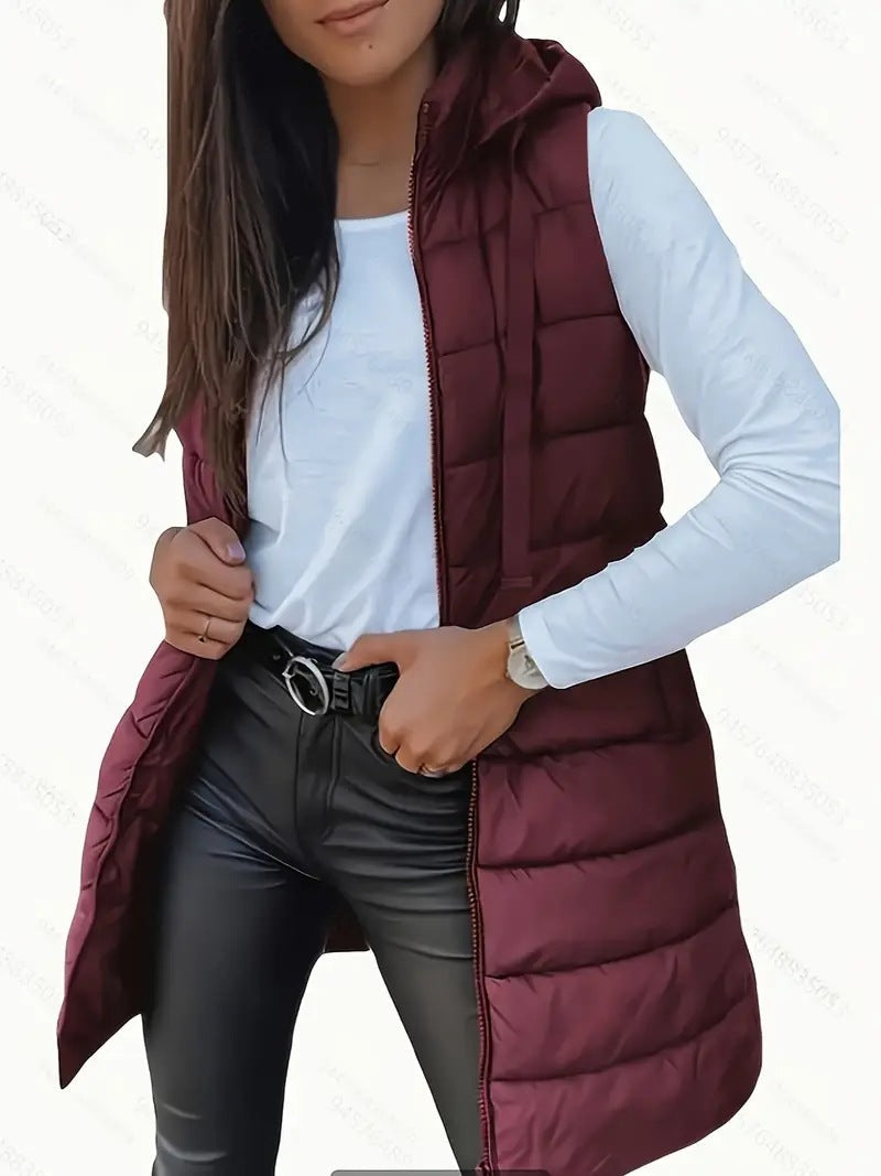 Damen Stylische gesteppte Weste mit Kapuze und langen Schnitt