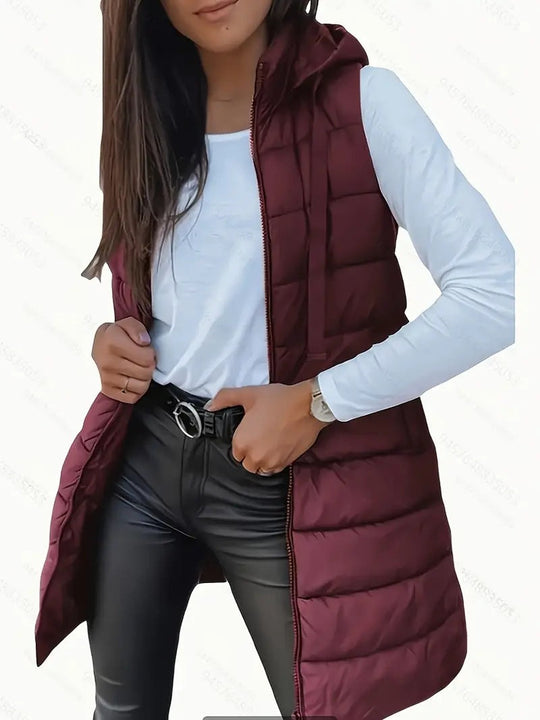 Damen Stylische gesteppte Weste mit Kapuze und langen Schnitt
