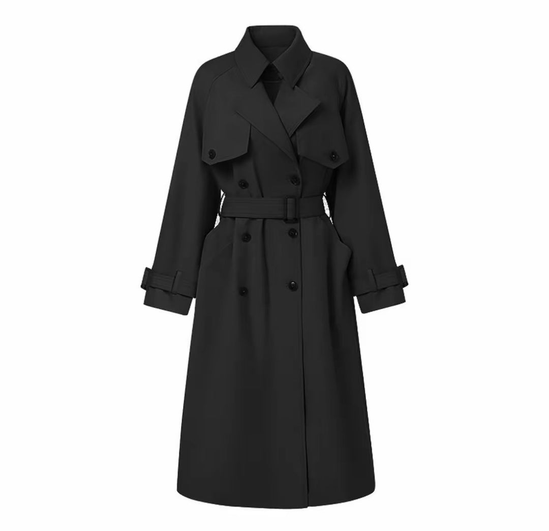 Damen Eleganter Midi-Trenchcoat mit Oversize-Schulterklappe, gerafften Ärmeln und taillierendem Bindegürtel Shop Nory