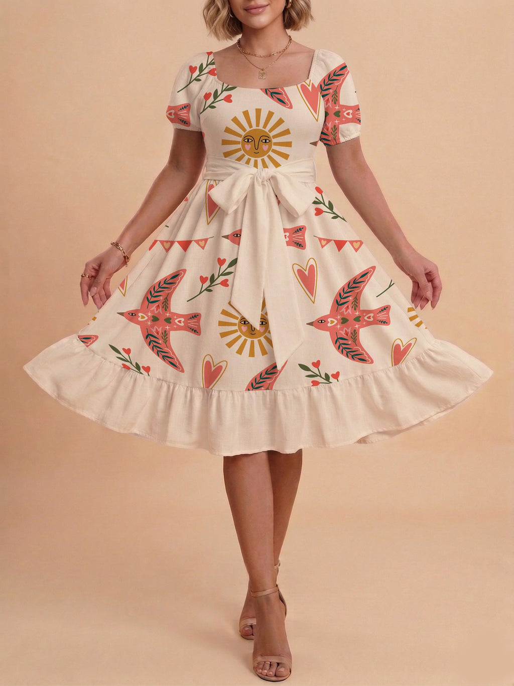 Damen Sommerliches Blumenkleid mit taillierbarem Gürtel und voluminösen Ärmeln