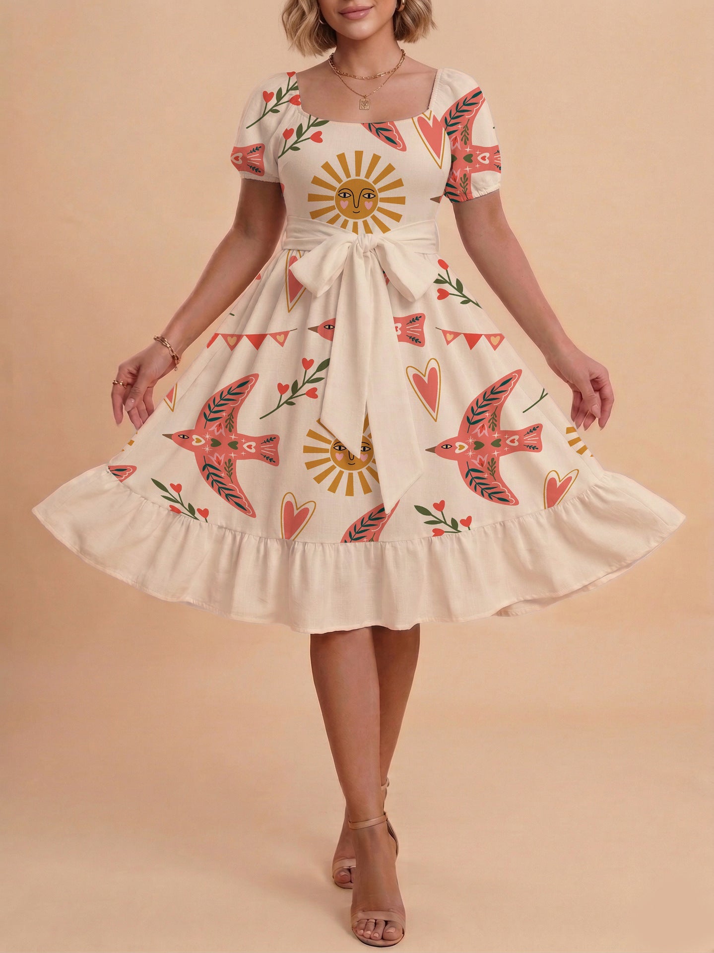 Damen Sommerliches Blumenkleid mit taillierbarem Gürtel und voluminösen Ärmeln