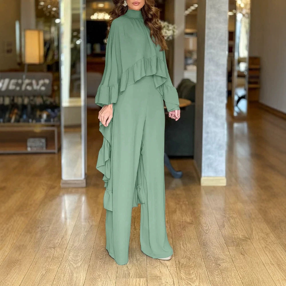 Damen Eleganter Overall mit Cape-Volant und weitem Palazzohosenbein Shop Nory