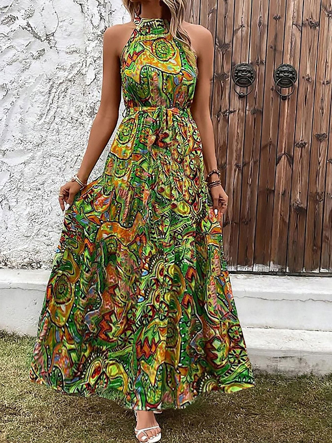 Damen Maxikleid Im Boho-Stil mit Hohem Kragen und Bindegürtel