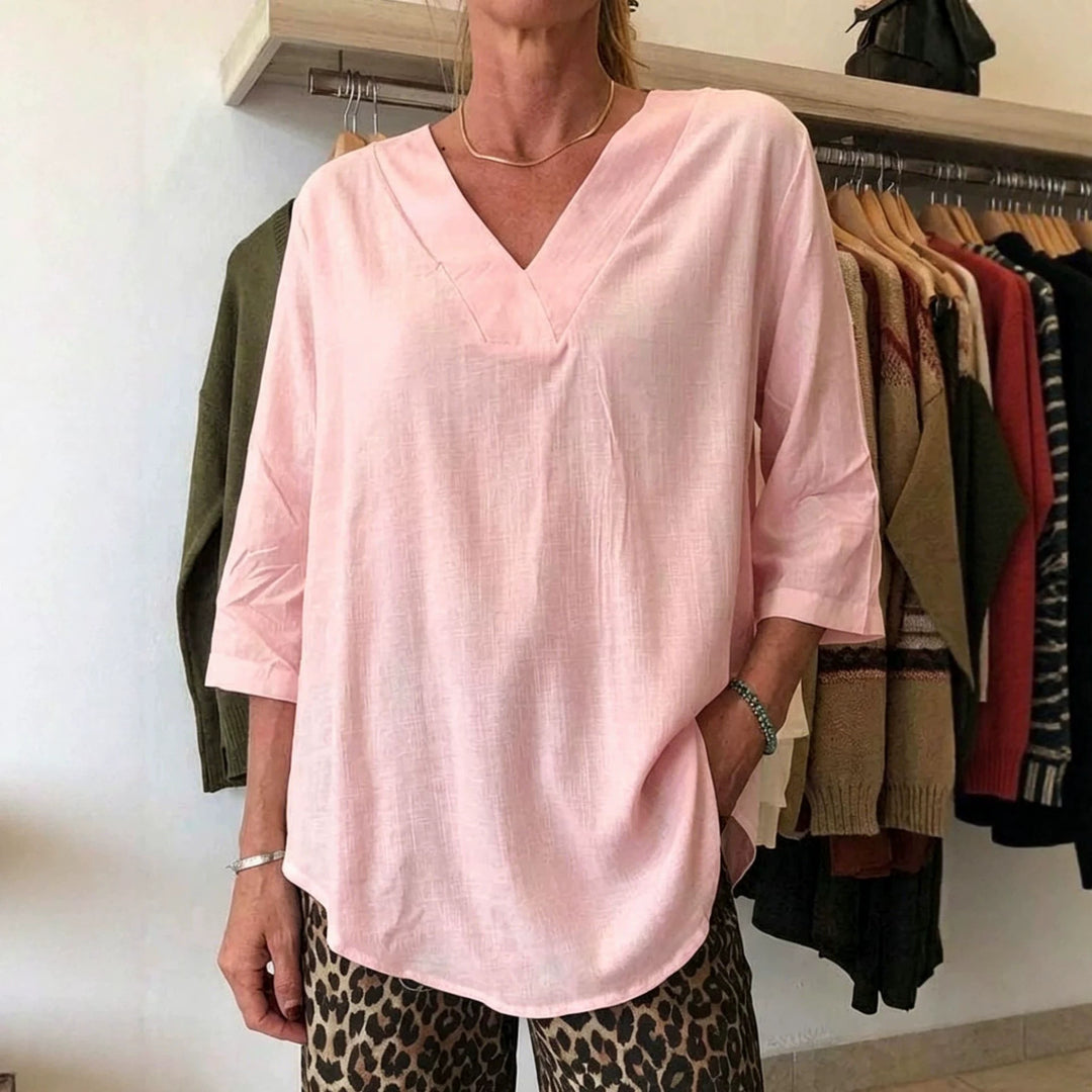 Damen Leichte Oversize V-Ausschnitt Tunika in Leinenoptik mit dreiviertel Ärmeln und abgerundetem Saum Shop Nory