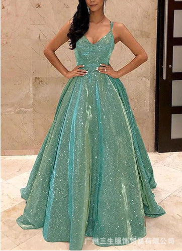 Damen Spaghettiträger V-Ausschnitt A-Linie Glitzer Maxi Ballkleid