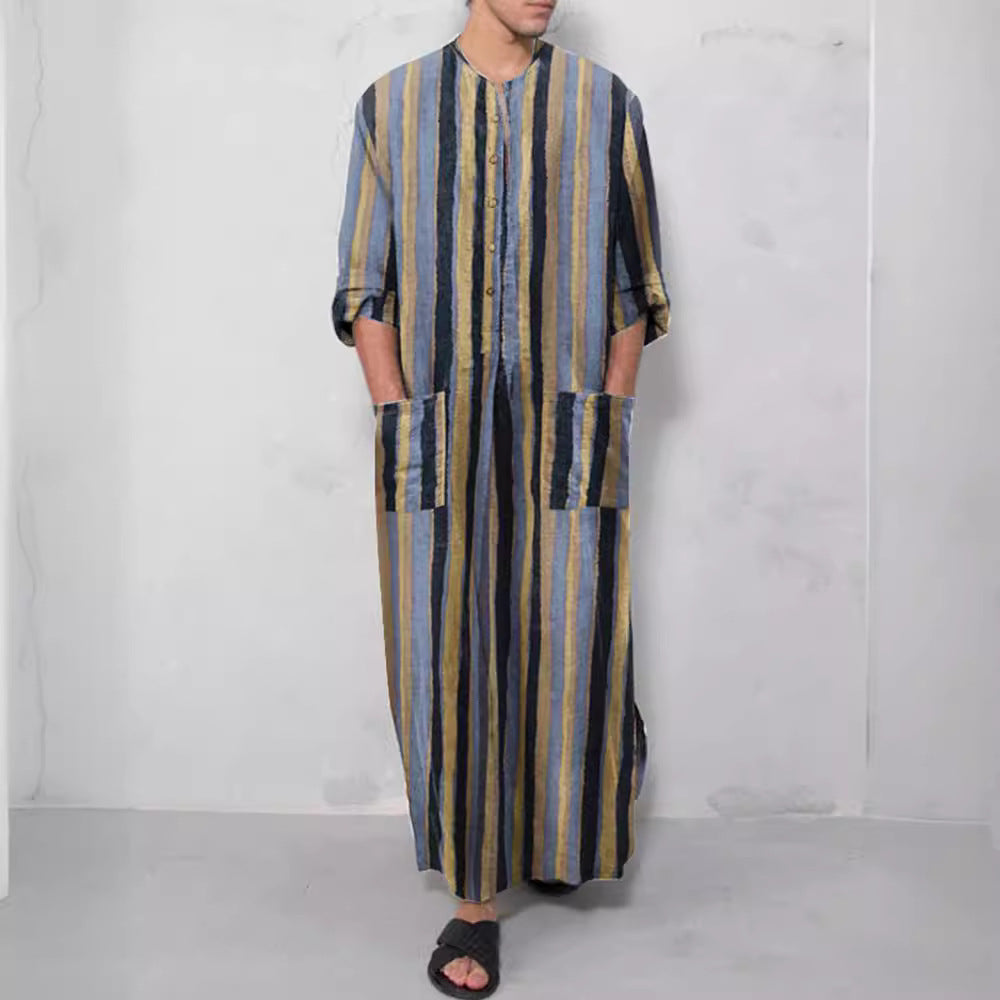 Herren nan lockerer Kaftan aus Leinenmischung mit Knopfleiste und aufgesetzten Taschen