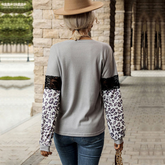 Damen Langarmshirt mit Leopardenärmeln und Spitzenbesatz Shop Nory