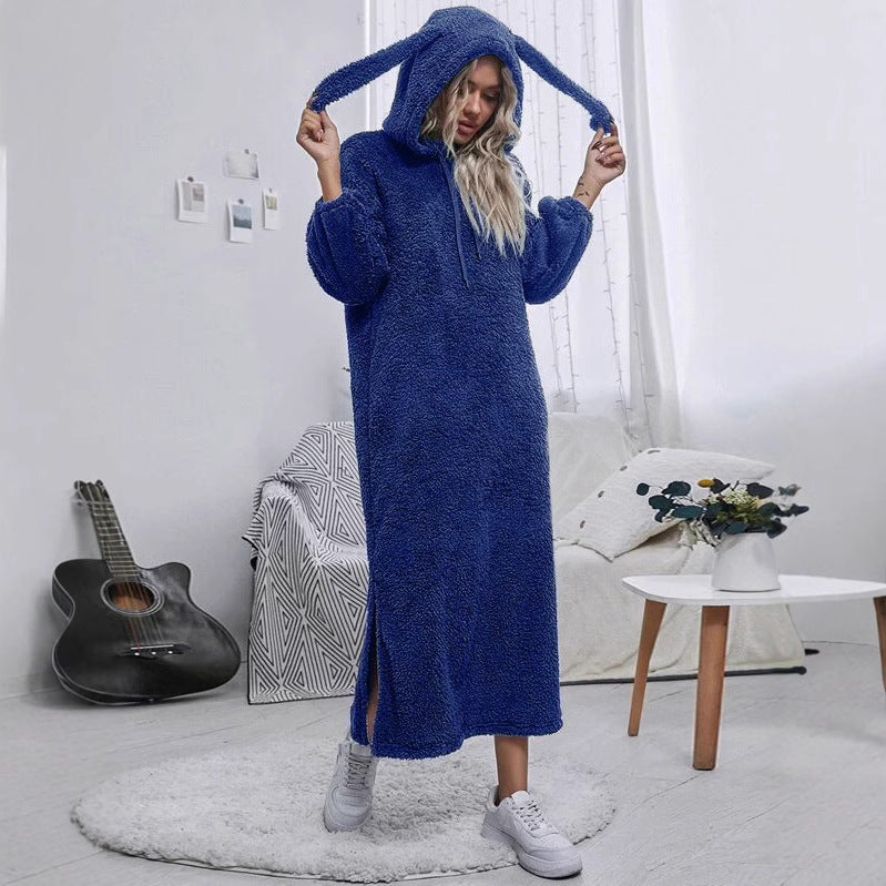 Damen Flauschiger Fleece-Hoodie-Kleid mit Ohren und seitlichen Schlitzen Shopnory