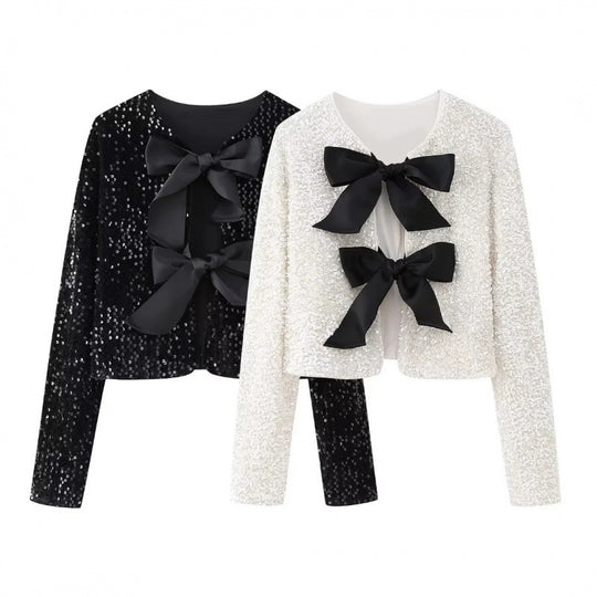 Damen Pailletten-Bolerojacke mit dekorativen Satin-Schleifen Shop Nory