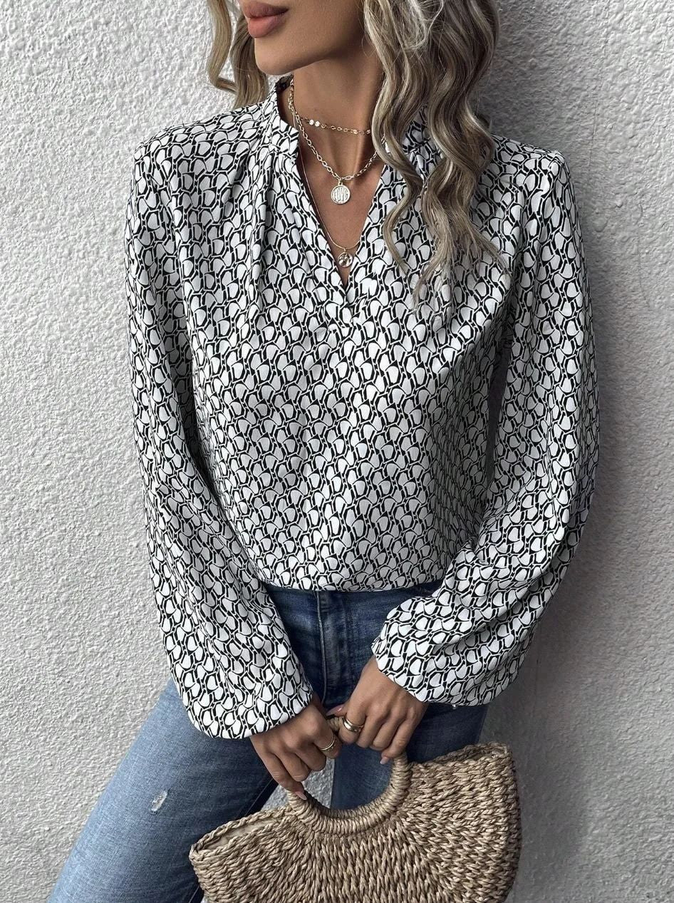 Damen Gemusterte Viskose-Bluse mit Stehkragen und Ballonärmeln Shop Nory