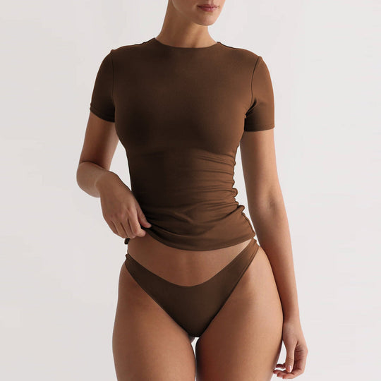 Damen figurbetontes T-Shirt mit Rundhalsausschnitt und kurzem Arm