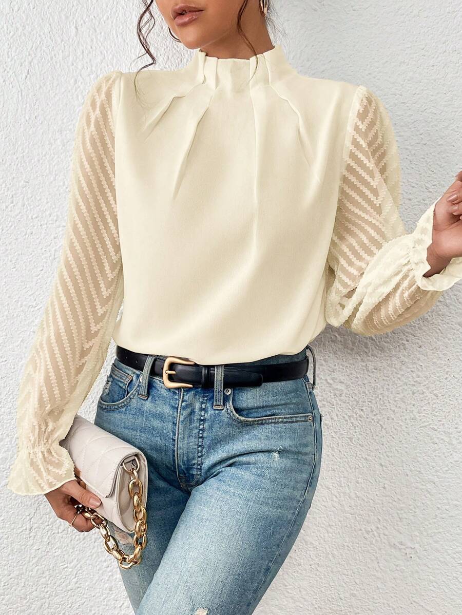 Damen Taillierte Chiffonbluse mit Stehkragen und transparenten Chevron-Ärmeln Shop Nory