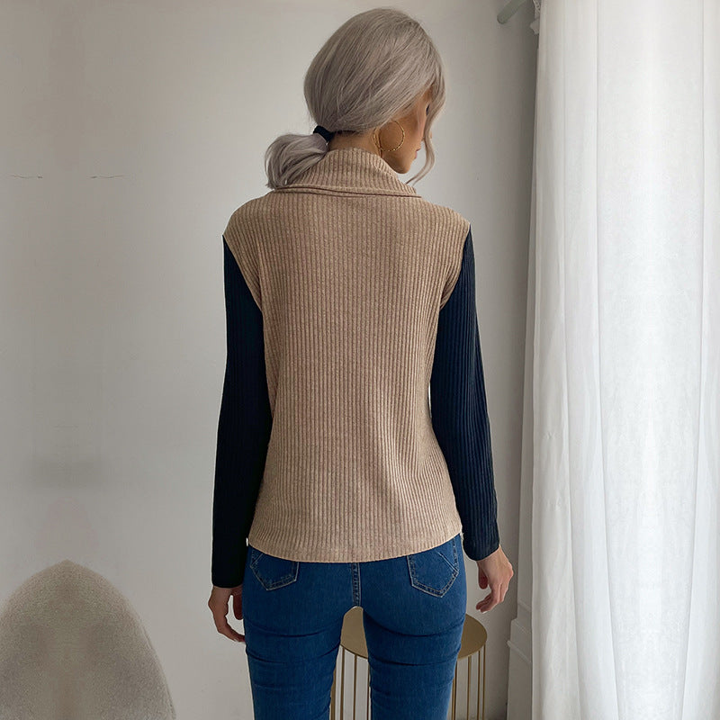 Damen Asymmetrisches Rippenstrick-Layering-Top mit Rollkragen und Zierknopfleiste Shop Nory