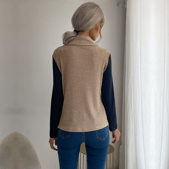 Damen Asymmetrisches Rippenstrick-Layering-Top mit Rollkragen und Zierknopfleiste Shop Nory