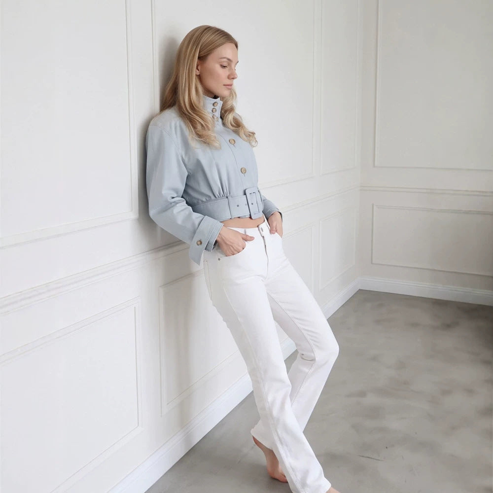 Damen Taillierte Cropped-Jacke mit überlanger Schluppe & breitem Taillengürtel Shop Nory