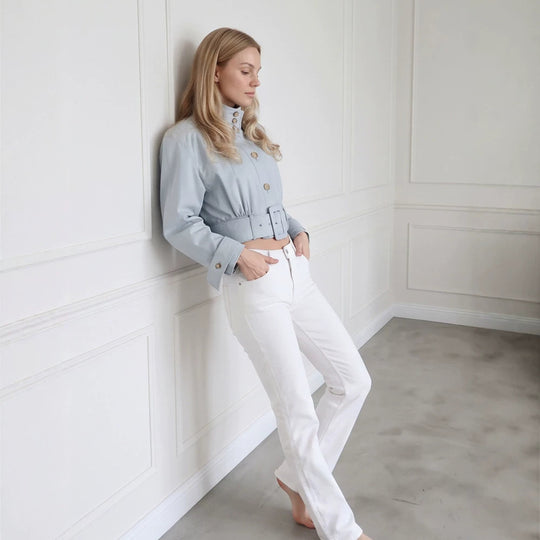 Damen Taillierte Cropped-Jacke mit überlanger Schluppe & breitem Taillengürtel Shop Nory