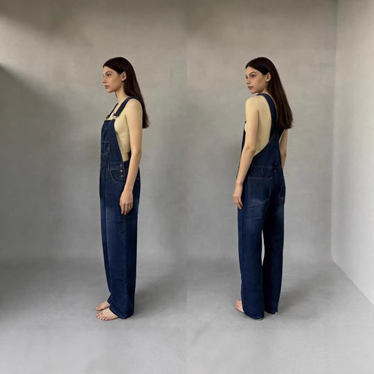 Damen Jeans Latzhose mit weitem Bein und tiefem Rückenausschnitt