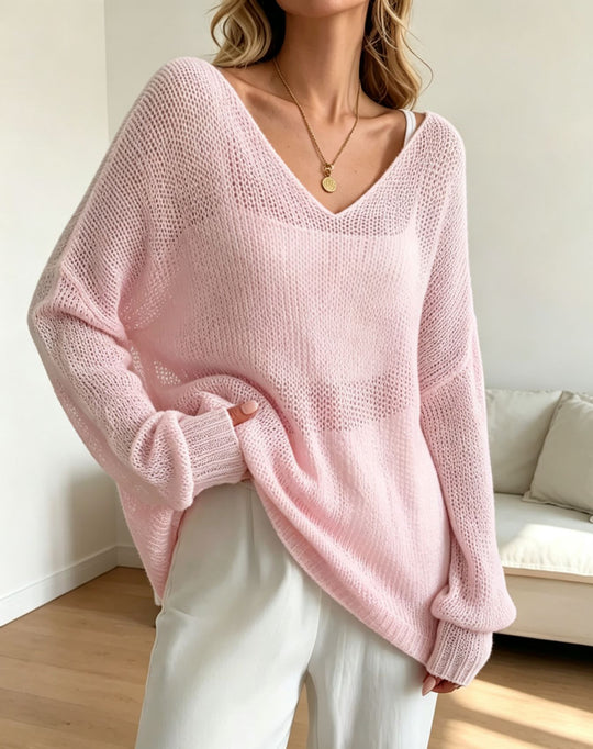 Damen Oversized Strickpullover mit tiefem V-Ausschnitt und feiner Lochstrickstruktur Shop Nory