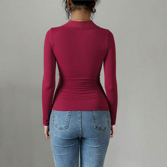 Damen figurbetontes Langarm-Top mit Herz-Ausschnitt, Zierring und Raffung Shop Nory