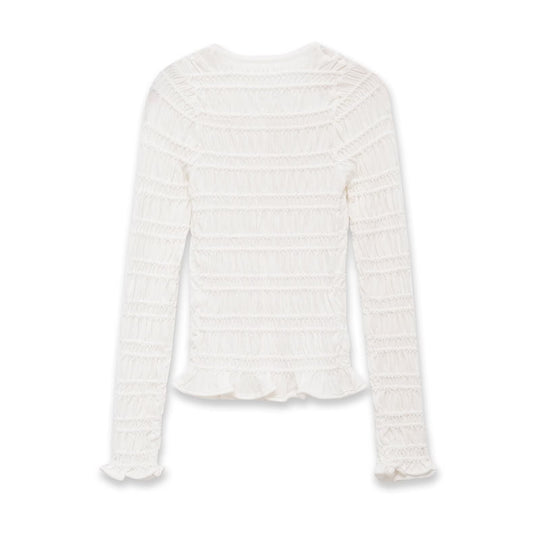 Damen Gesmoktes Langarm-Top mit Rüschen-Saum und figurbetonter Passform Shop Nory