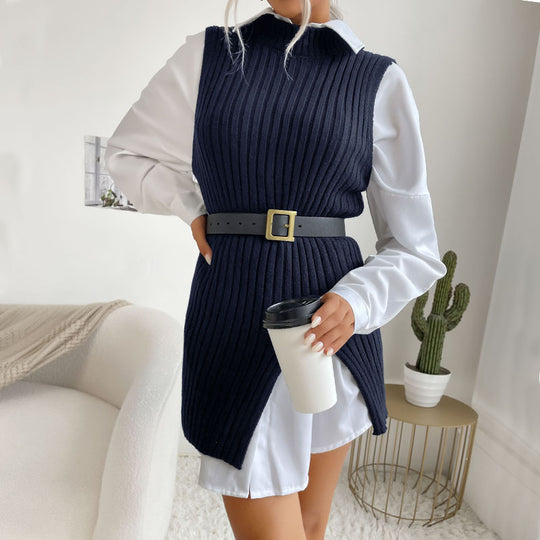 Damen Gerippte Strick‑Tunika mit Stehkragen, seitlichen Schlitzen und figurbetonter Silhouette Shop Nory