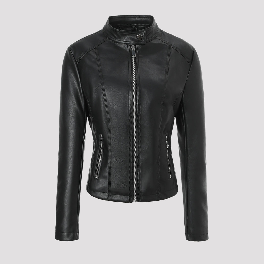 Damen Taillierte Lederjacke mit Stehkragen, vertikalen Ziernähten und Reißverschlusstaschen Shop Nory