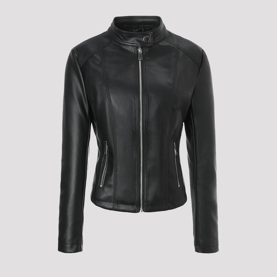 Damen Taillierte Lederjacke mit Stehkragen, vertikalen Ziernähten und Reißverschlusstaschen Shop Nory