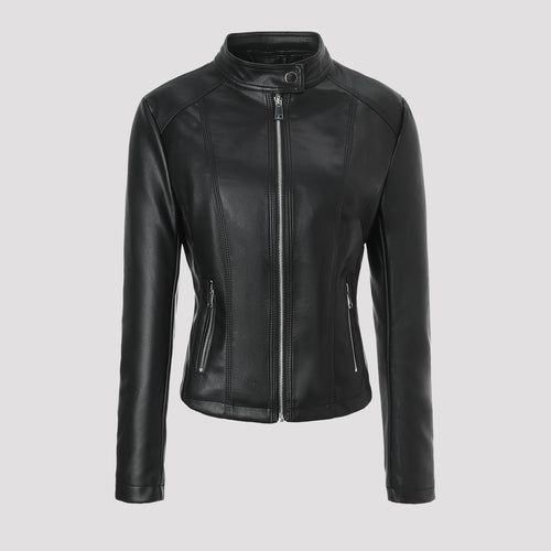 Damen Taillierte Lederjacke mit Stehkragen, vertikalen Ziernähten und Reißverschlusstaschen Shop Nory