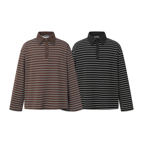 Unisex Langarm-Poloshirt im Oversize-Cut aus Baumwolljersey mit Streifen und Henley-Knopfleiste Shop Nory