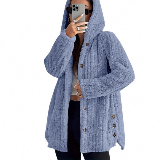 Damen Kapuzen-Teddy-Mantel mit Knopfleiste und Oversize-Schnitt Shop Nory