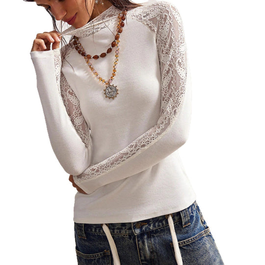 Damen Feinstrick-Langarmshirt mit Spitzenärmeln und Stehkragen Shop Nory