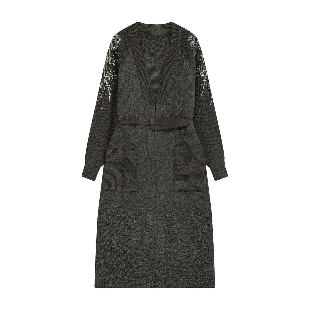 Damen Strick-Midikleid mit tiefem V-Ausschnitt, Taillengürtel und paillettenverzierten Ärmeln Shop Nory