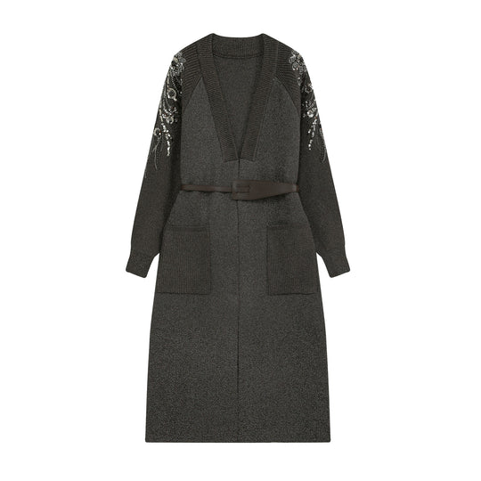 Damen Strick-Midikleid mit tiefem V-Ausschnitt, Taillengürtel und paillettenverzierten Ärmeln Shop Nory