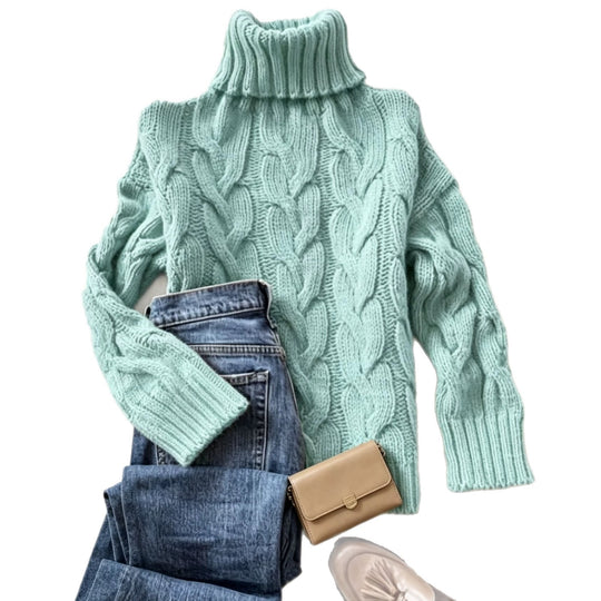 Damen Grobstrick-Rollkragenpullover mit markanten Zopfmustern und gerippten Bündchen Shop Nory