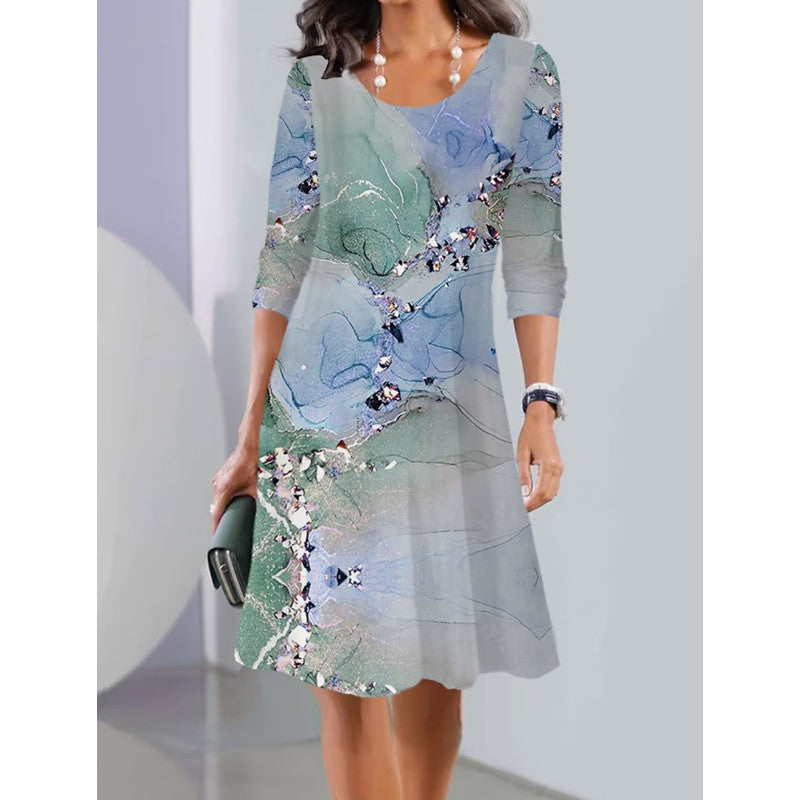Damen A-Linien Kleid mit floralem Druck, U-Ausschnitt, Dreiviertelärmel und sanftem Ombre Shop Nory