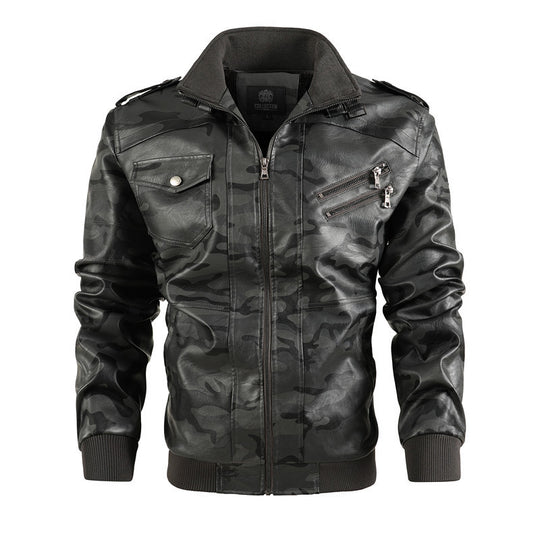 Herren Camouflage-Kunstleder-Bomberjacke im Pilotenstil mit Rippbündchen und Zipper-Taschen Shop Nory