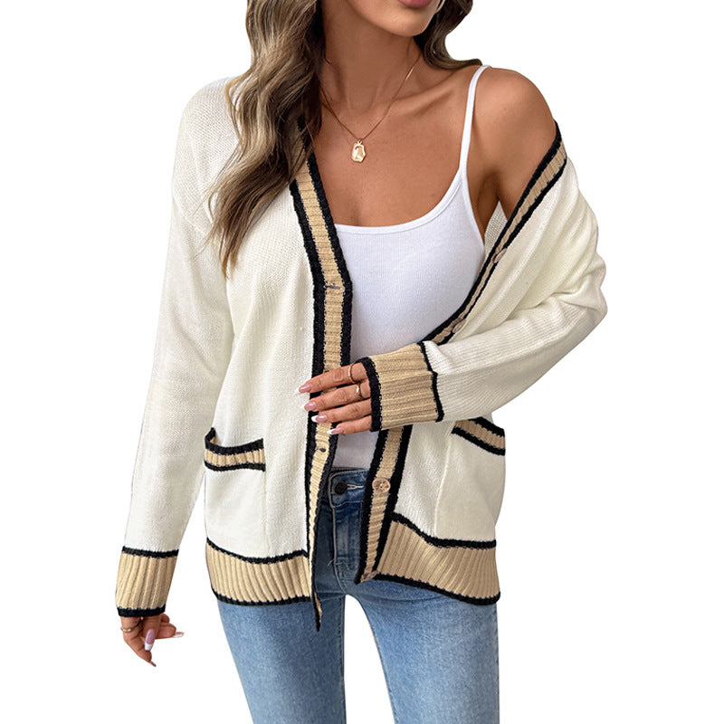 Damen Strickcardigan mit kontrastkanten, V-Ausschnitt, Knopfverschluss und aufgesetzten Taschen Shop Nory
