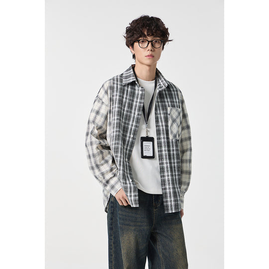 Unisex Kariertes Overshirt im Patchwork-Look mit Brusttasche Shop Nory