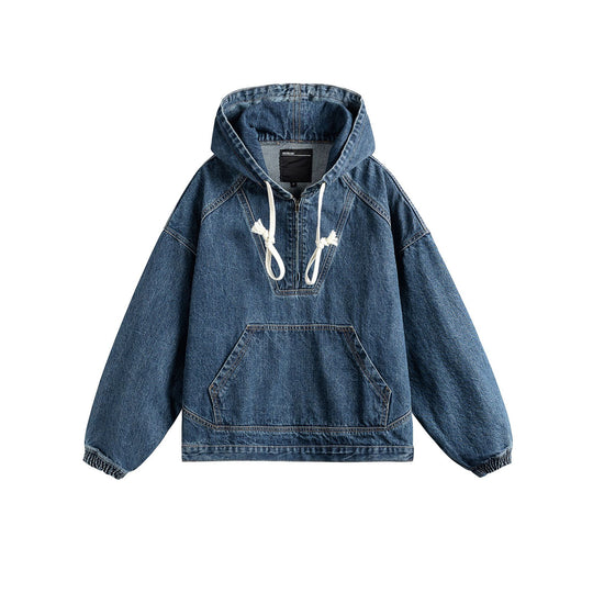 Unisex Oversize Denim Hoodie mit Halbreißverschluss, Kängurutasche und Tunnelzug Shop Nory